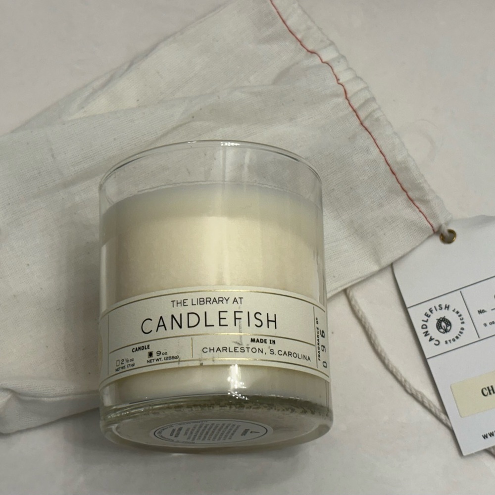 96 Library at Candlefish Soy Candle NEW in Box tagged linen bag Charleston SC